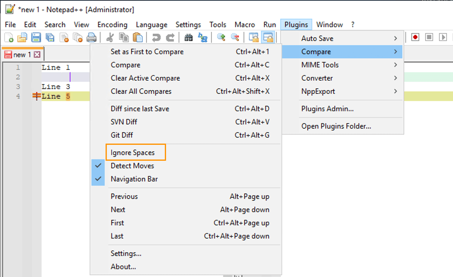 Ignore white space while Notepad++ compare two files